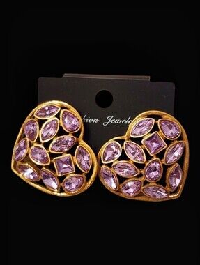 Gold Heart Earrings With Light Purple Gem Accents
